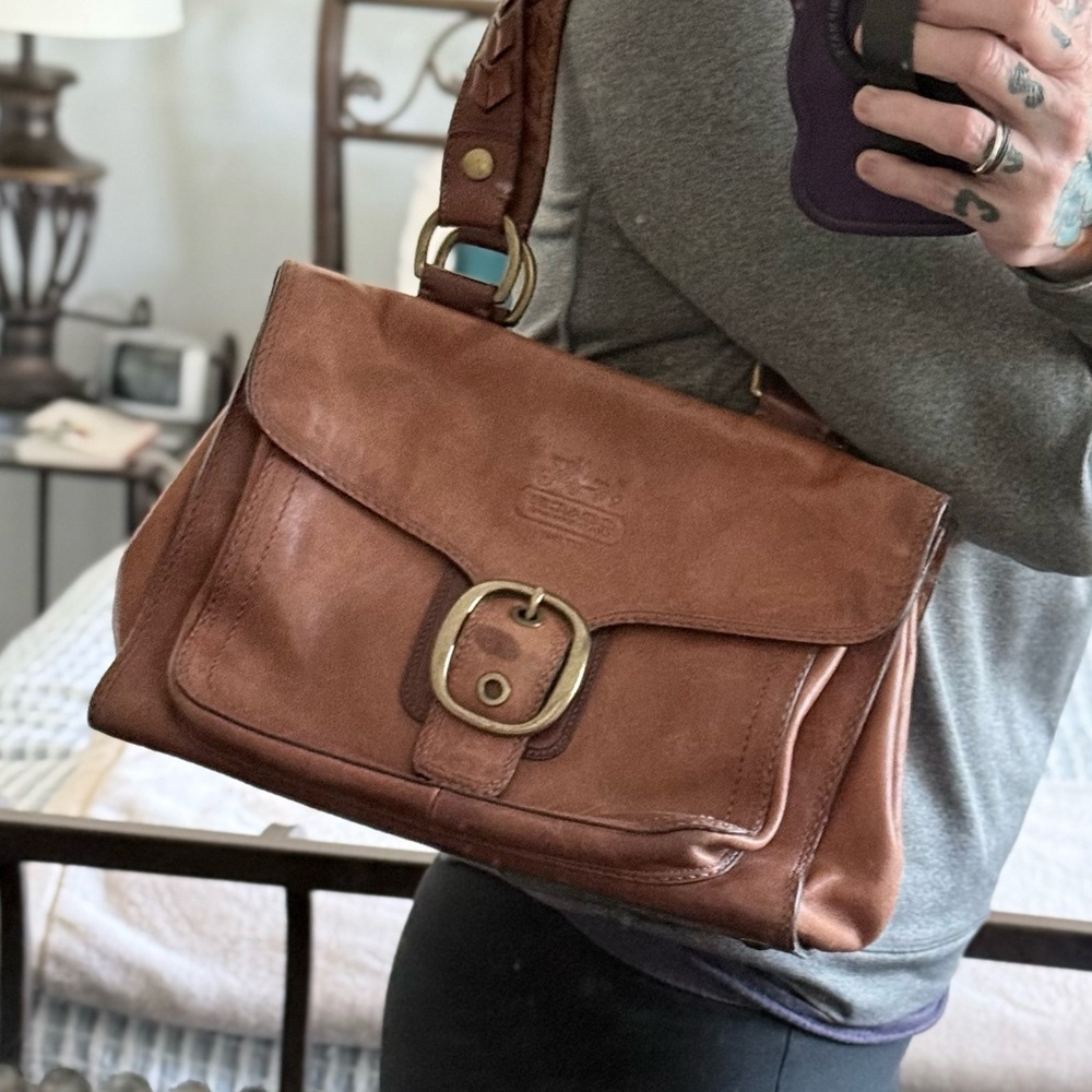 COACH Bleecker Legacy Tattersall Flap Leather Shoulder Bag Whiskey Brown.